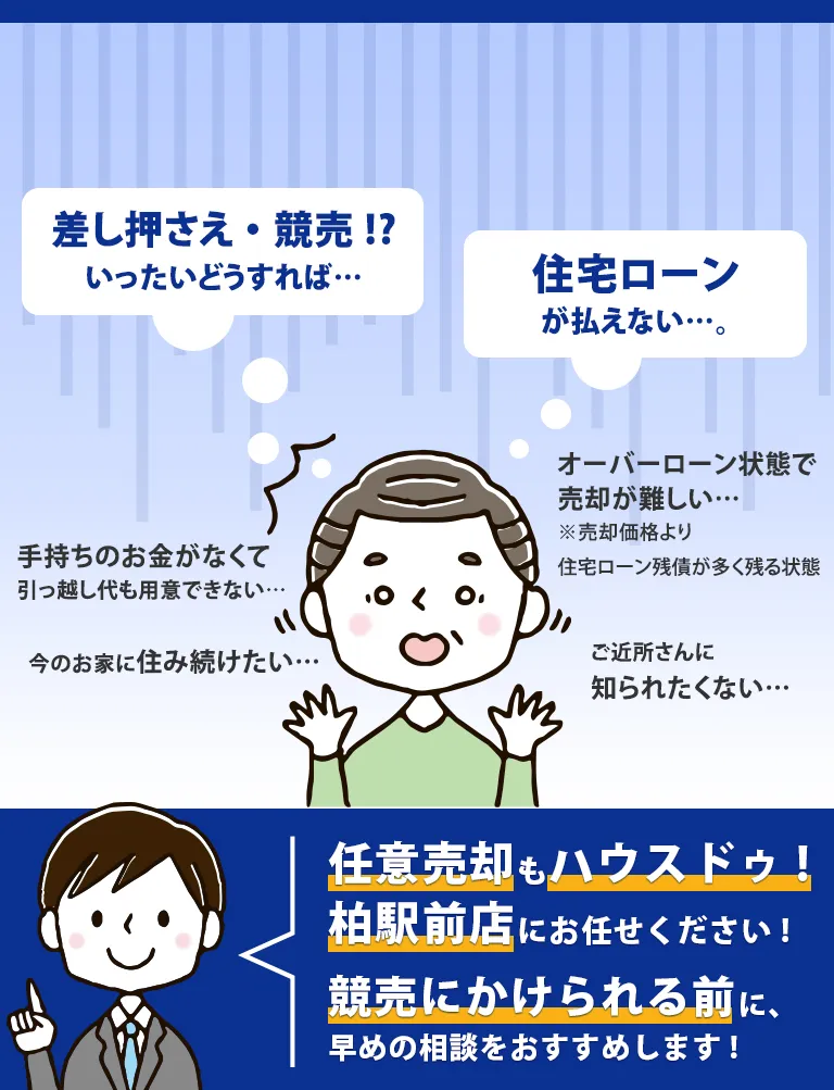 任意売却もハウスドゥ！柏駅前店にお任せください！競売にかけられる前に、早めの相談をおすすめします！